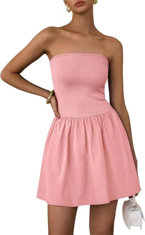 PRETTYGARDEN Women's Summer Strapless Mini Party Dress 2025 Casual Tube Top Ruffle A Line Short Patchwork Sundresses