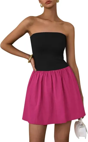 PRETTYGARDEN Women's Summer Strapless Mini Party Dress 2025 Casual Tube Top Ruffle A Line Short Patchwork Sundresses