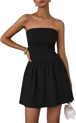 PRETTYGARDEN Women's Summer Strapless Mini Party Dress 2025 Casual Tube Top Ruffle A Line Short Patchwork Sundresses