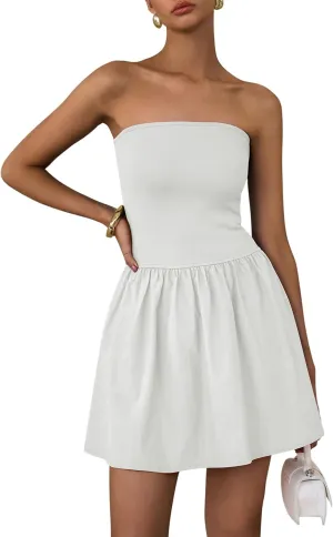PRETTYGARDEN Women's Summer Strapless Mini Party Dress 2025 Casual Tube Top Ruffle A Line Short Patchwork Sundresses