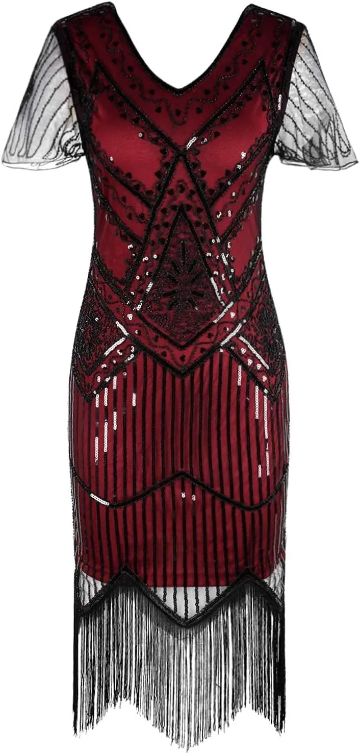 PrettyGuide Women's 1920s Flapper Dress Short Sleeve Glitter Sequin Inspired Fringed Party Cocktail Dresses