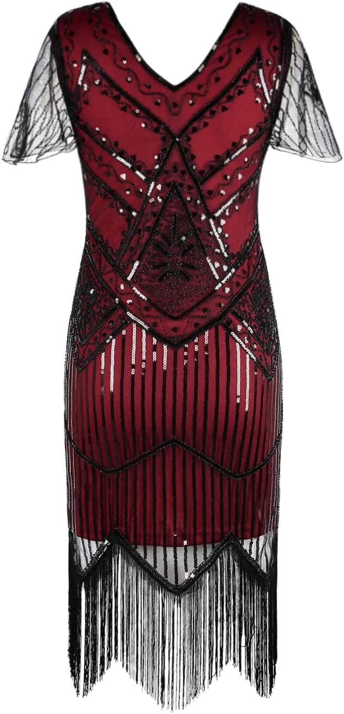 PrettyGuide Women's 1920s Flapper Dress Short Sleeve Glitter Sequin Inspired Fringed Party Cocktail Dresses