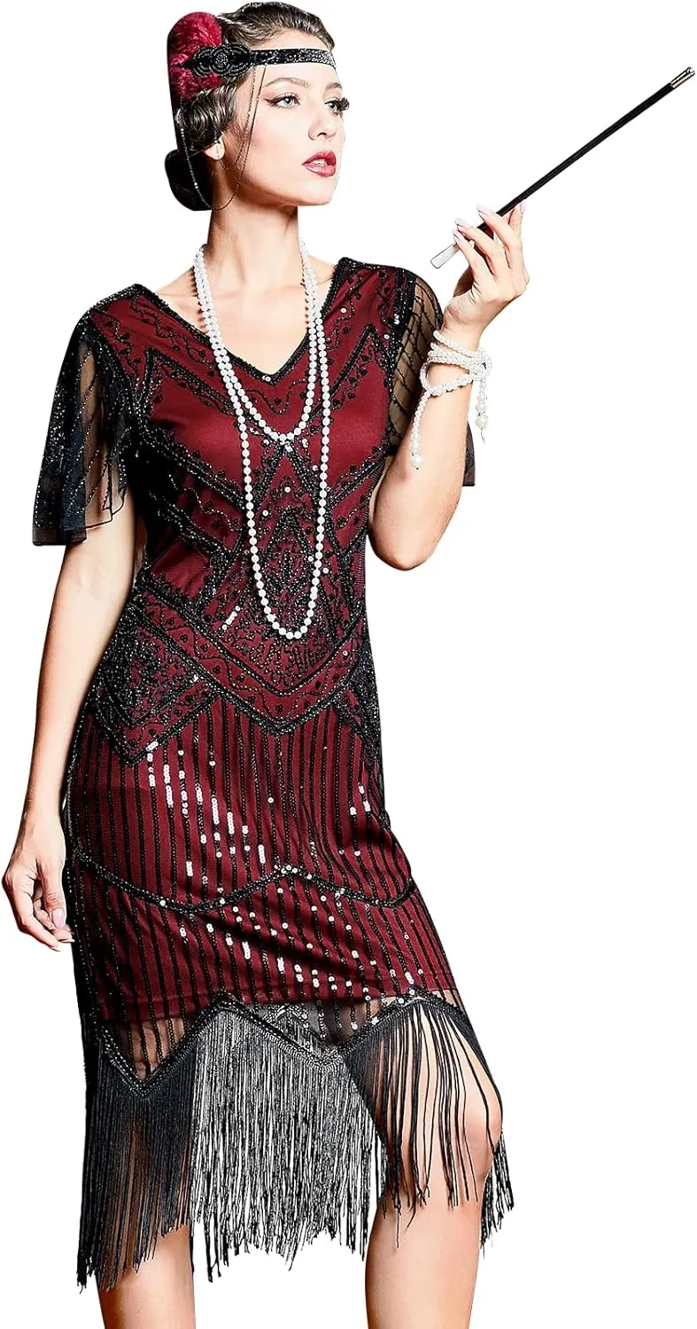 PrettyGuide Women's 1920s Flapper Dress Short Sleeve Glitter Sequin Inspired Fringed Party Cocktail Dresses