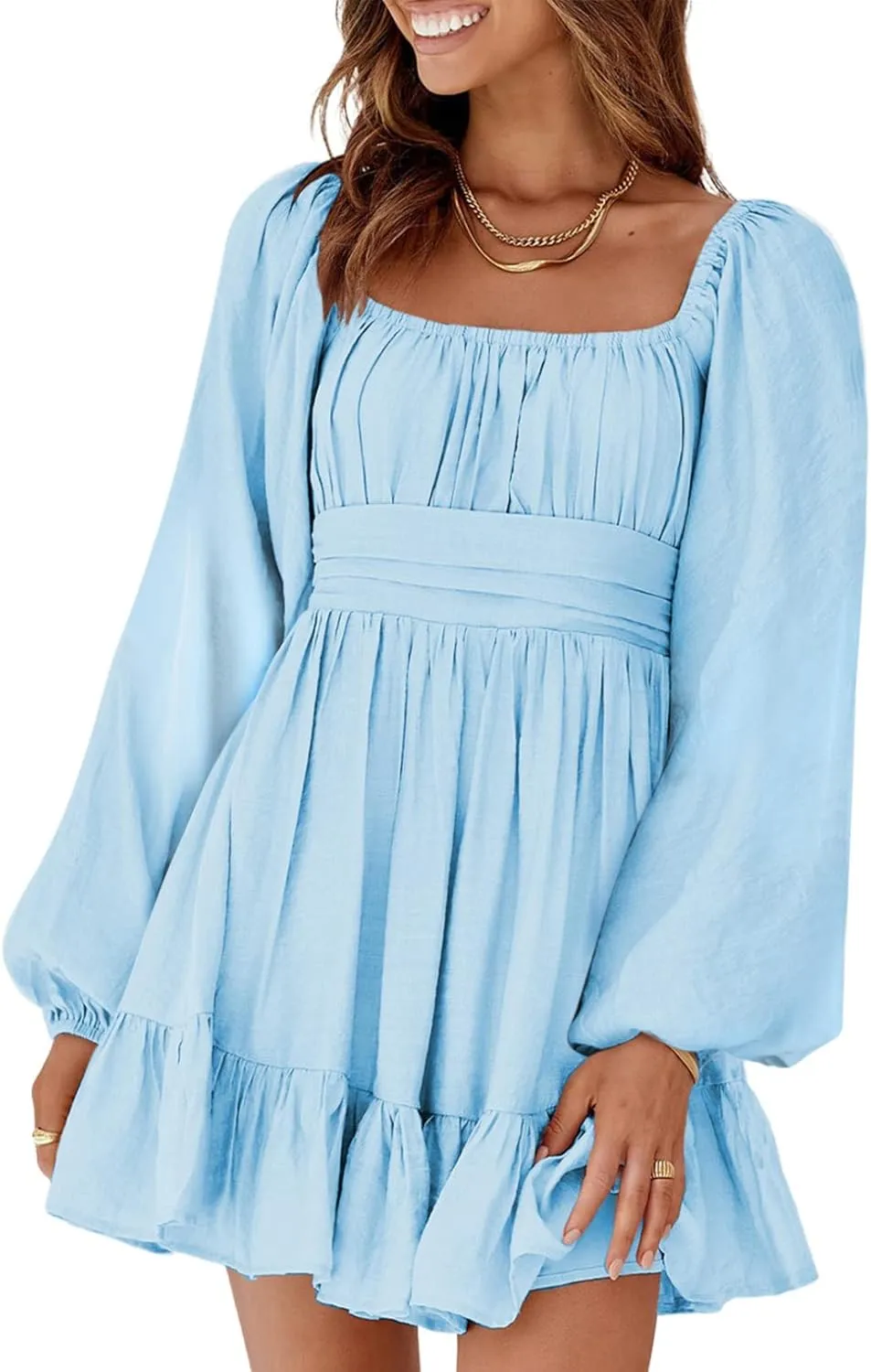 RanRui Womens Ruffle Elastic Waist A-Line Mini Dress Long Lantern Sleeve Square Neck Bow Tie Backless Sexy Pary Dress