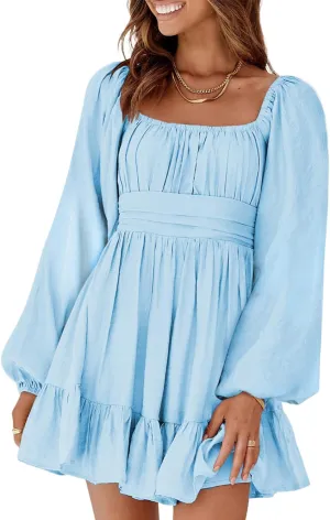 RanRui Womens Ruffle Elastic Waist A-Line Mini Dress Long Lantern Sleeve Square Neck Bow Tie Backless Sexy Pary Dress