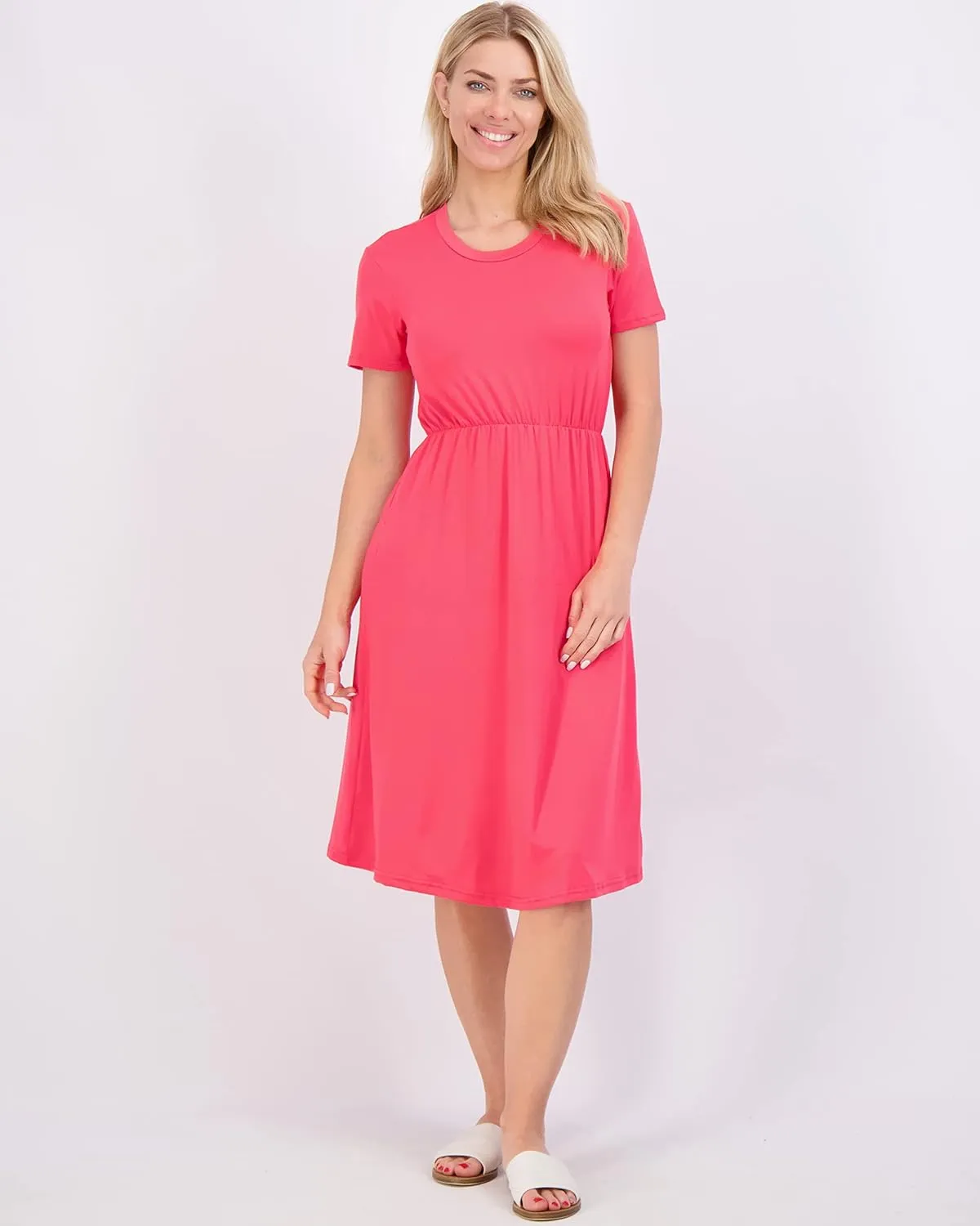 Real Essentials 3-Pack: Women's Midi Short Sleeve Soft T-Shirt Dress with Elastic Waist (Available in Plus Size)