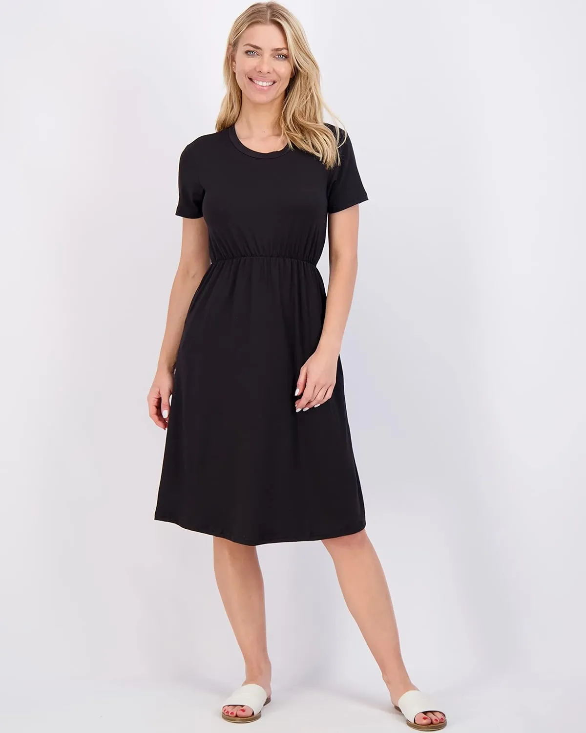 Real Essentials 3-Pack: Women's Midi Short Sleeve Soft T-Shirt Dress with Elastic Waist (Available in Plus Size)