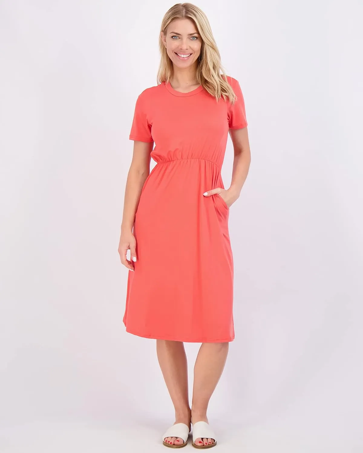 Real Essentials 3-Pack: Women's Midi Short Sleeve Soft T-Shirt Dress with Elastic Waist (Available in Plus Size)