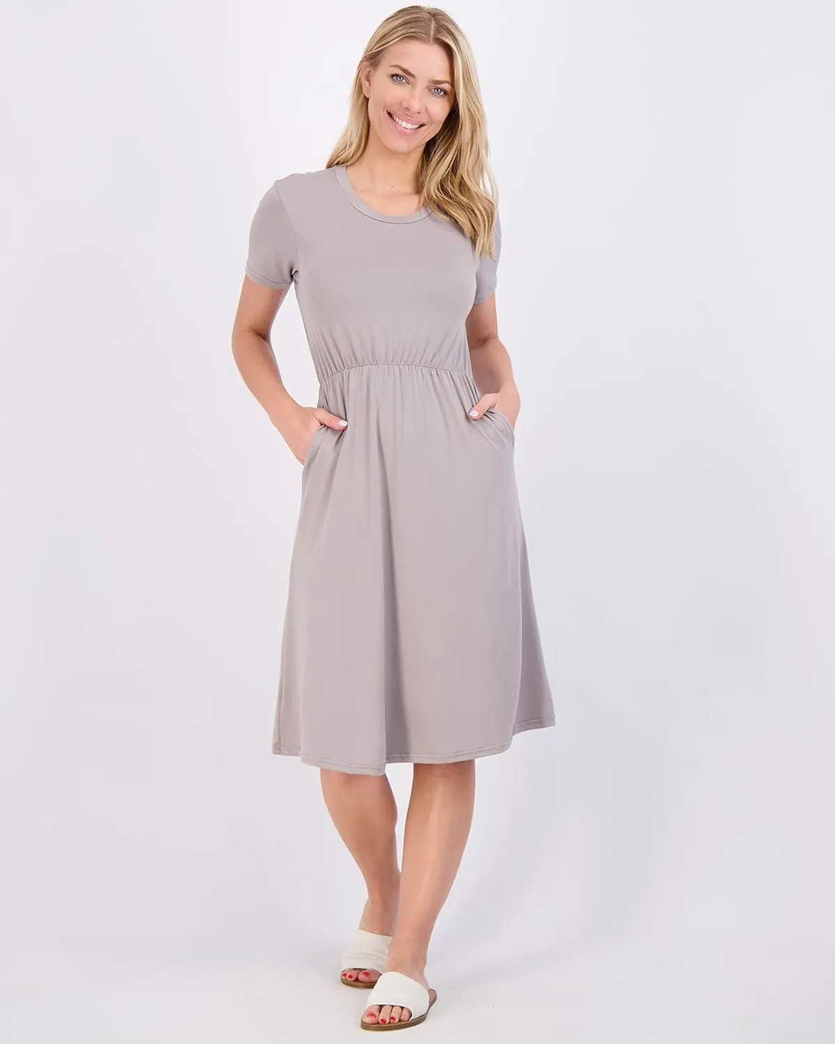 Real Essentials 3-Pack: Women's Midi Short Sleeve Soft T-Shirt Dress with Elastic Waist (Available in Plus Size)