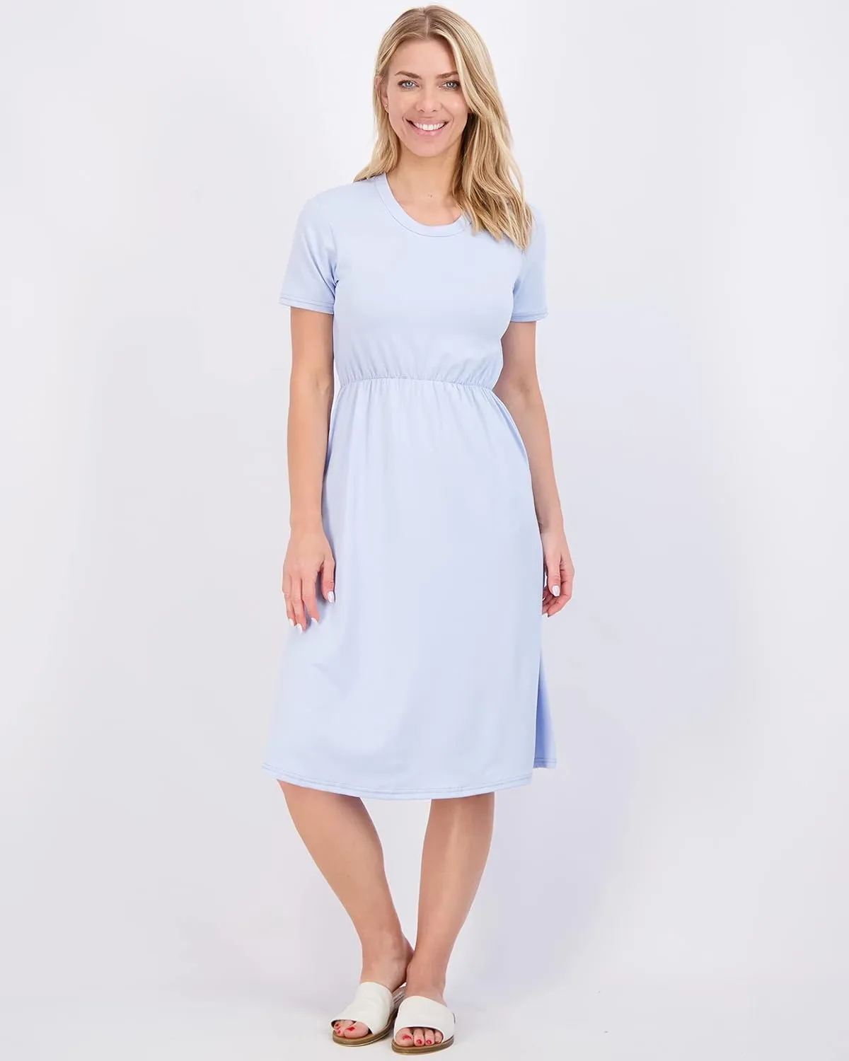 Real Essentials 3-Pack: Women's Midi Short Sleeve Soft T-Shirt Dress with Elastic Waist (Available in Plus Size)