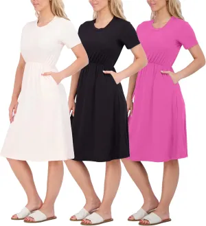 Real Essentials 3-Pack: Women's Midi Short Sleeve Soft T-Shirt Dress with Elastic Waist (Available in Plus Size)
