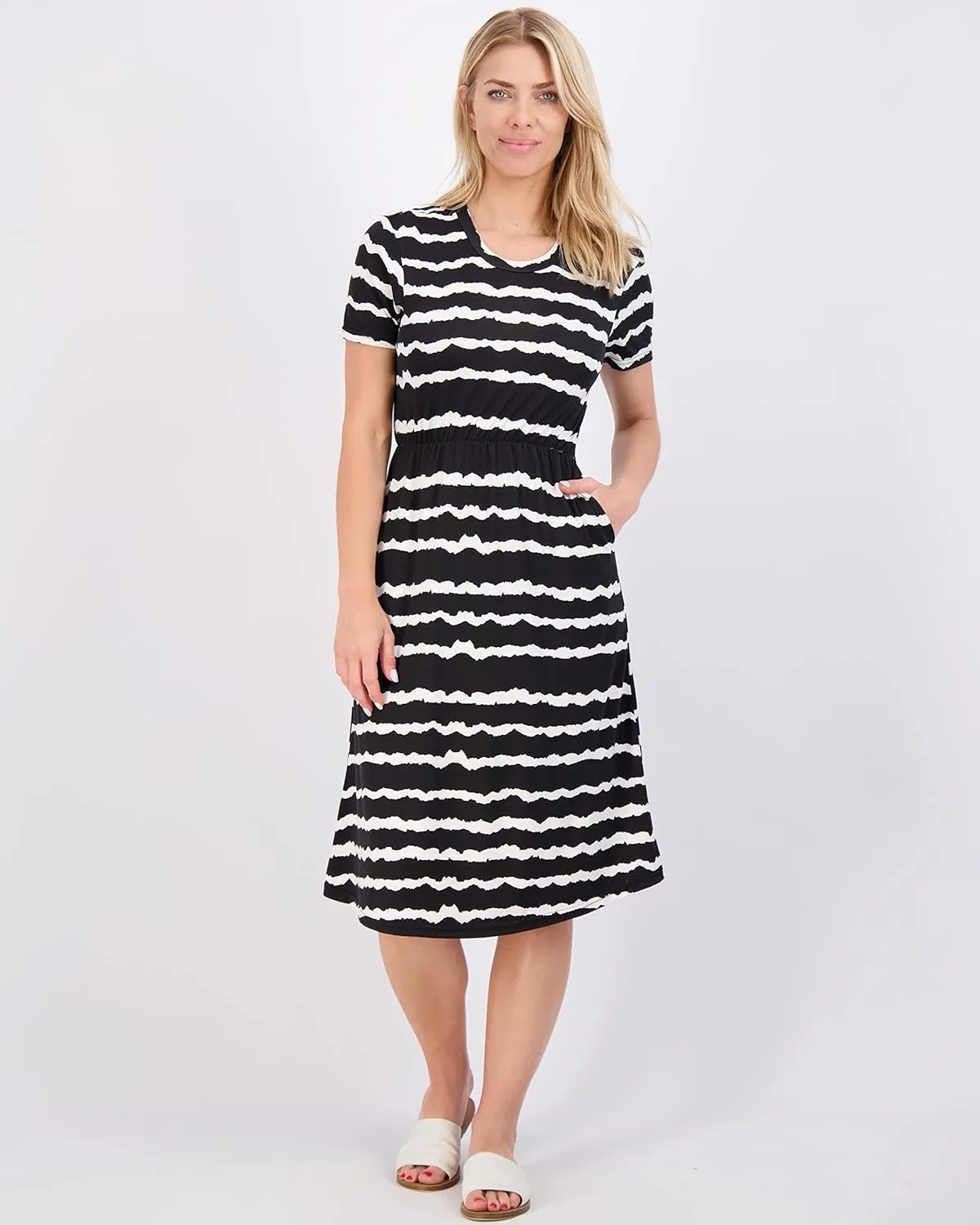 Real Essentials 3-Pack: Women's Midi Short Sleeve Soft T-Shirt Dress with Elastic Waist (Available in Plus Size)