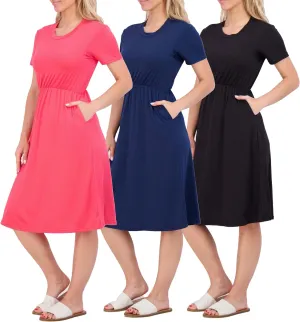Real Essentials 3-Pack: Women's Midi Short Sleeve Soft T-Shirt Dress with Elastic Waist (Available in Plus Size)