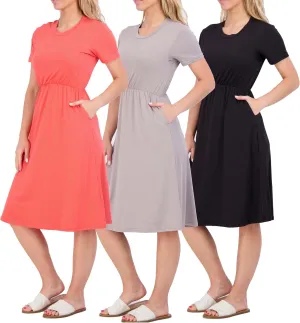 Real Essentials 3-Pack: Women's Midi Short Sleeve Soft T-Shirt Dress with Elastic Waist (Available in Plus Size)