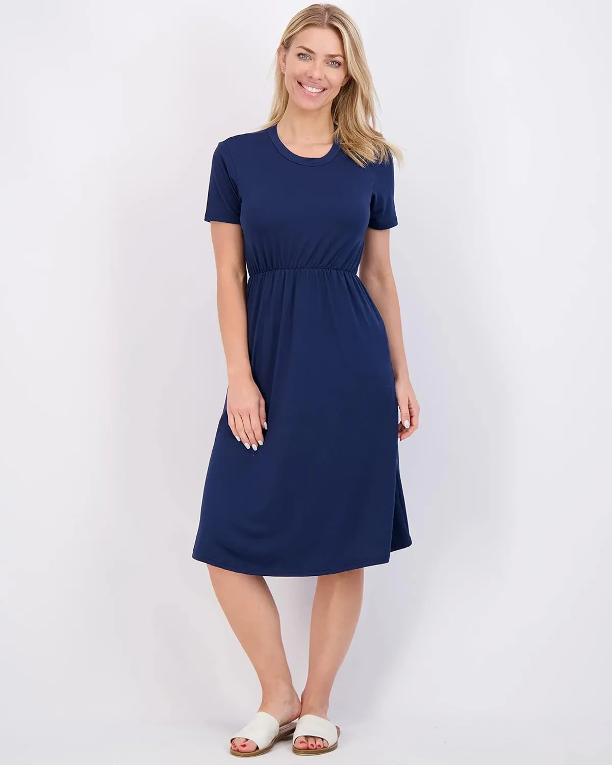 Real Essentials 3-Pack: Women's Midi Short Sleeve Soft T-Shirt Dress with Elastic Waist (Available in Plus Size)