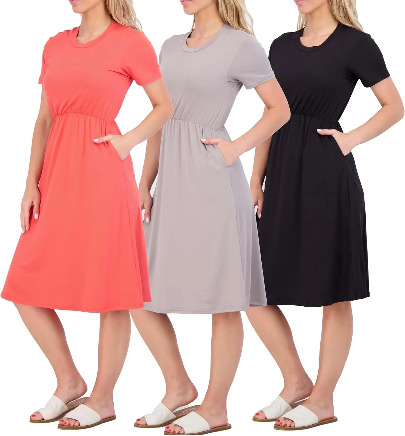 Real Essentials 3-Pack: Women's Midi Short Sleeve Soft T-Shirt Dress with Elastic Waist (Available in Plus Size)