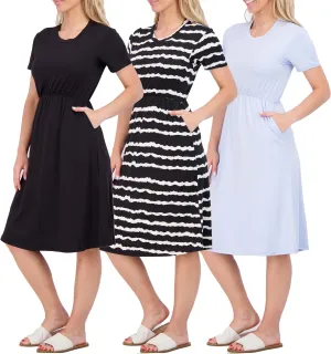 Real Essentials 3-Pack: Women's Midi Short Sleeve Soft T-Shirt Dress with Elastic Waist (Available in Plus Size)