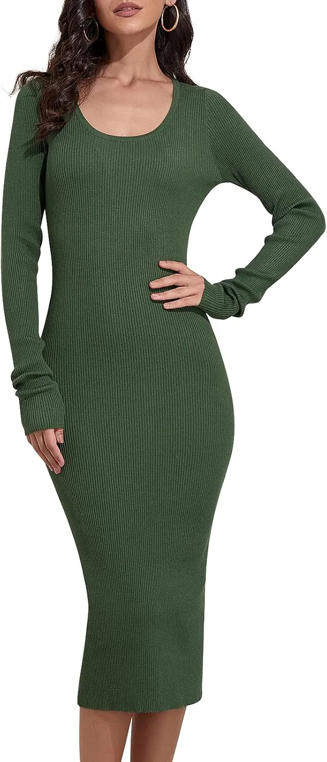Rocorose Women's Crewneck Pullover Sweater Dress Elasticity Slim Fit Sweater Knitted Bodycon Dresses