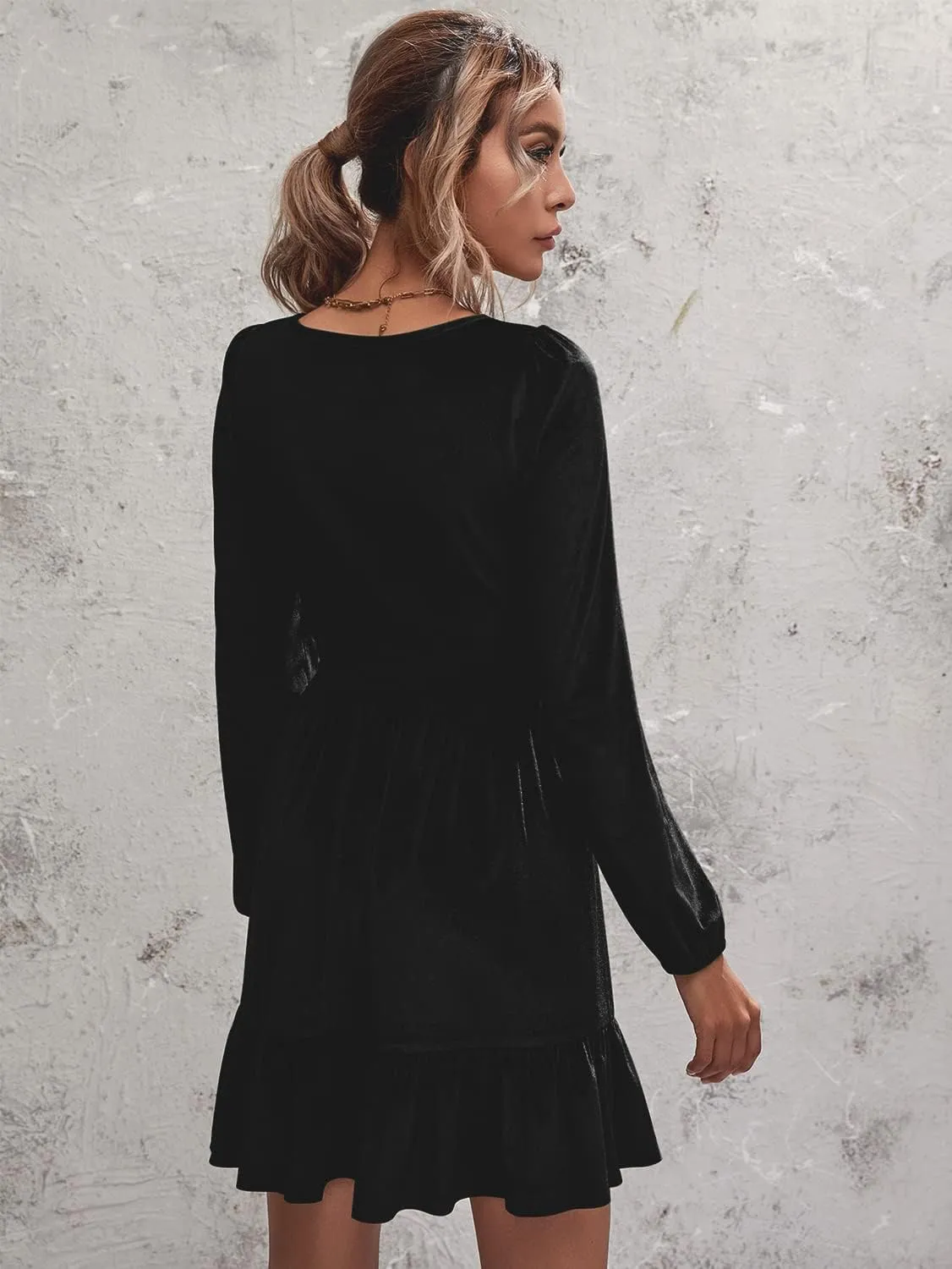 ROYLAMP Women's Dresses Velvet Deep V-Neck Long Sleeve Ruffle Mini Swing Sexy Cocktail Shift Dress
