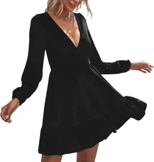 ROYLAMP Women's Dresses Velvet Deep V-Neck Long Sleeve Ruffle Mini Swing Sexy Cocktail Shift Dress
