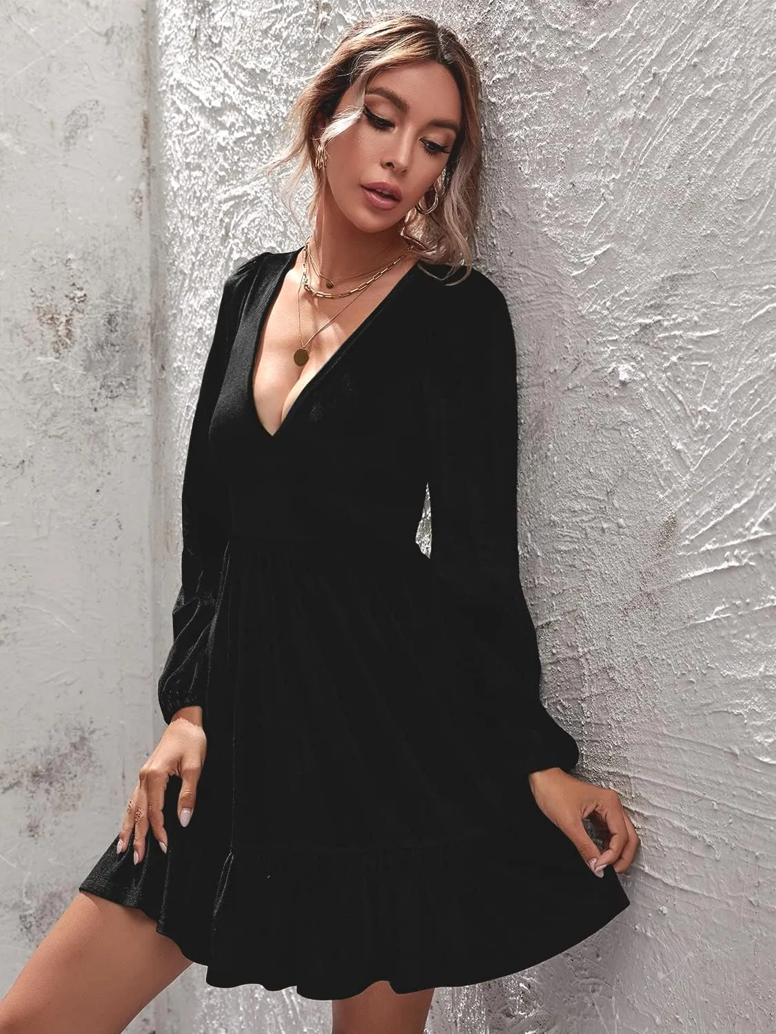 ROYLAMP Women's Dresses Velvet Deep V-Neck Long Sleeve Ruffle Mini Swing Sexy Cocktail Shift Dress