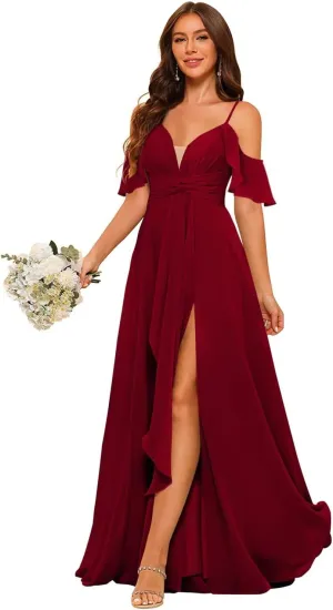 RSOETOO Women Bridesmaid Dresses with Pockets A-line Ruffles Long Chiffon Formal Party Dress with Slit RO062