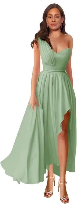 Ruched One Shoulder Bridesmaid Dresses Long Chiffon Ruffles Wedding Guest Dresses High Slit Maxi Evening Gowns Sage 06