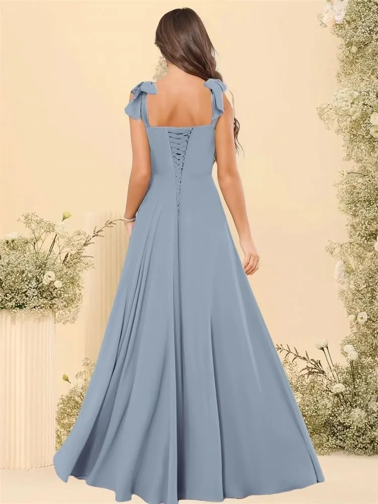 Ruffle Bridesmaid Dresses for Women Square Neck Chiffon Pleated A Line Formal Evening Gown with Slit
