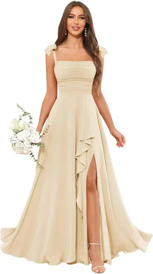 Ruffle Bridesmaid Dresses for Women Square Neck Chiffon Pleated A Line Formal Evening Gown with Slit