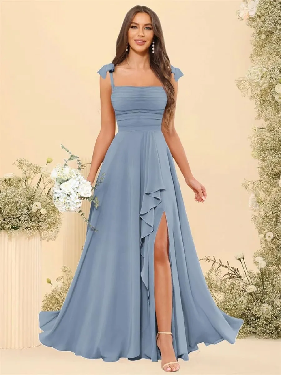 Ruffle Bridesmaid Dresses for Women Square Neck Chiffon Pleated A Line Formal Evening Gown with Slit