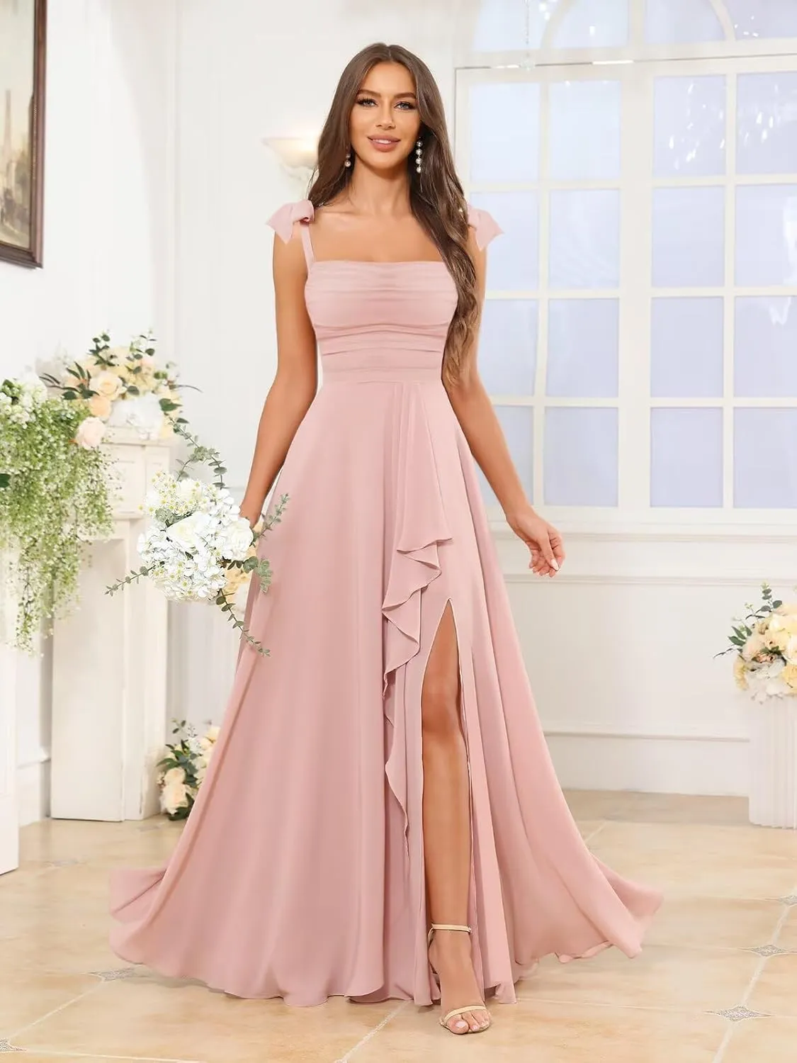 Ruffle Bridesmaid Dresses for Women Square Neck Chiffon Pleated A Line Formal Evening Gown with Slit