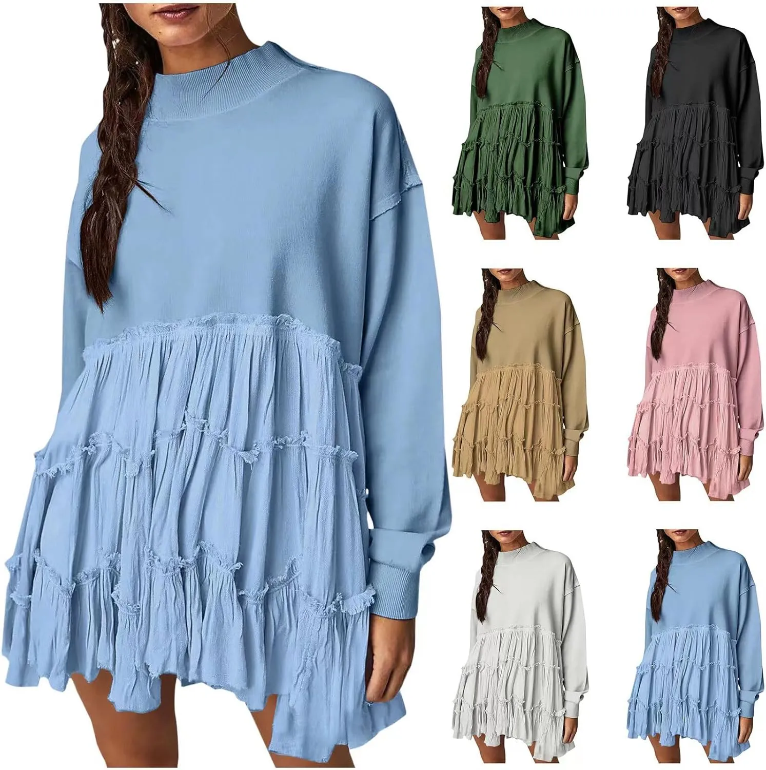 Ruffle Dress for Women 2024 Fall Long Sleeve Pullover Crewneck Sweatshirt Dress Casual Mini Dresses S~2XL