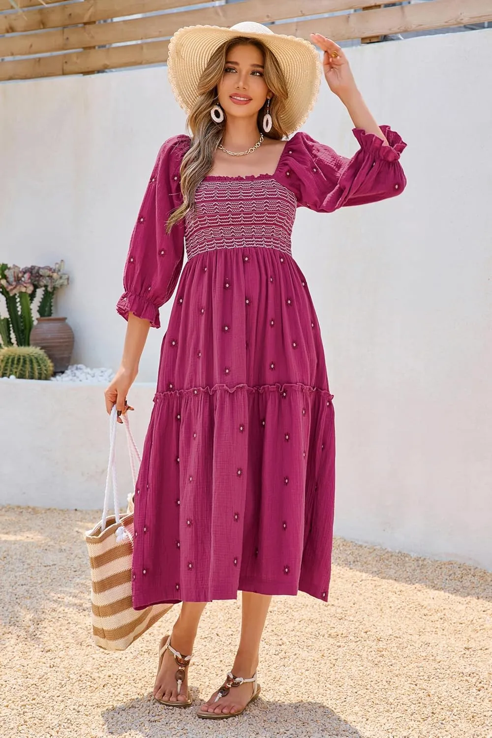 R.Vivimos Women's Long Sleeve Cotton Boho Midi Dress Vintage Square Neck Floral Embroidered Tiered Ruffle Flowy Pockets Dress