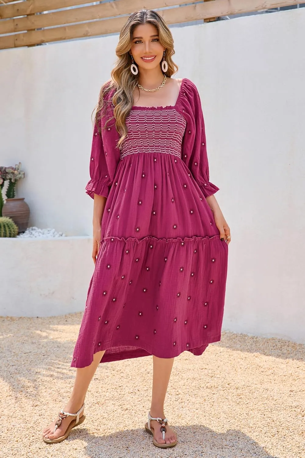 R.Vivimos Women's Long Sleeve Cotton Boho Midi Dress Vintage Square Neck Floral Embroidered Tiered Ruffle Flowy Pockets Dress