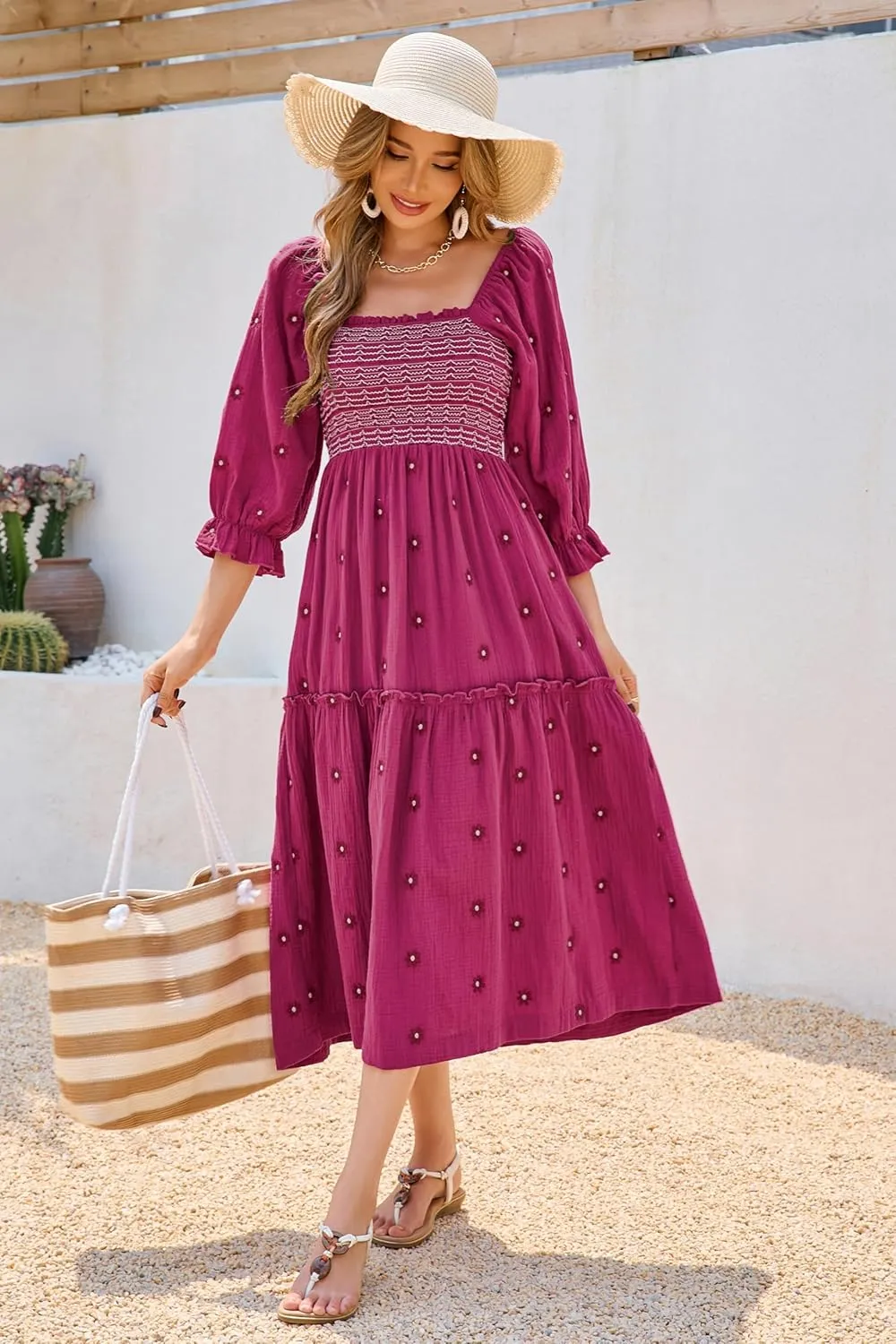 R.Vivimos Women's Long Sleeve Cotton Boho Midi Dress Vintage Square Neck Floral Embroidered Tiered Ruffle Flowy Pockets Dress