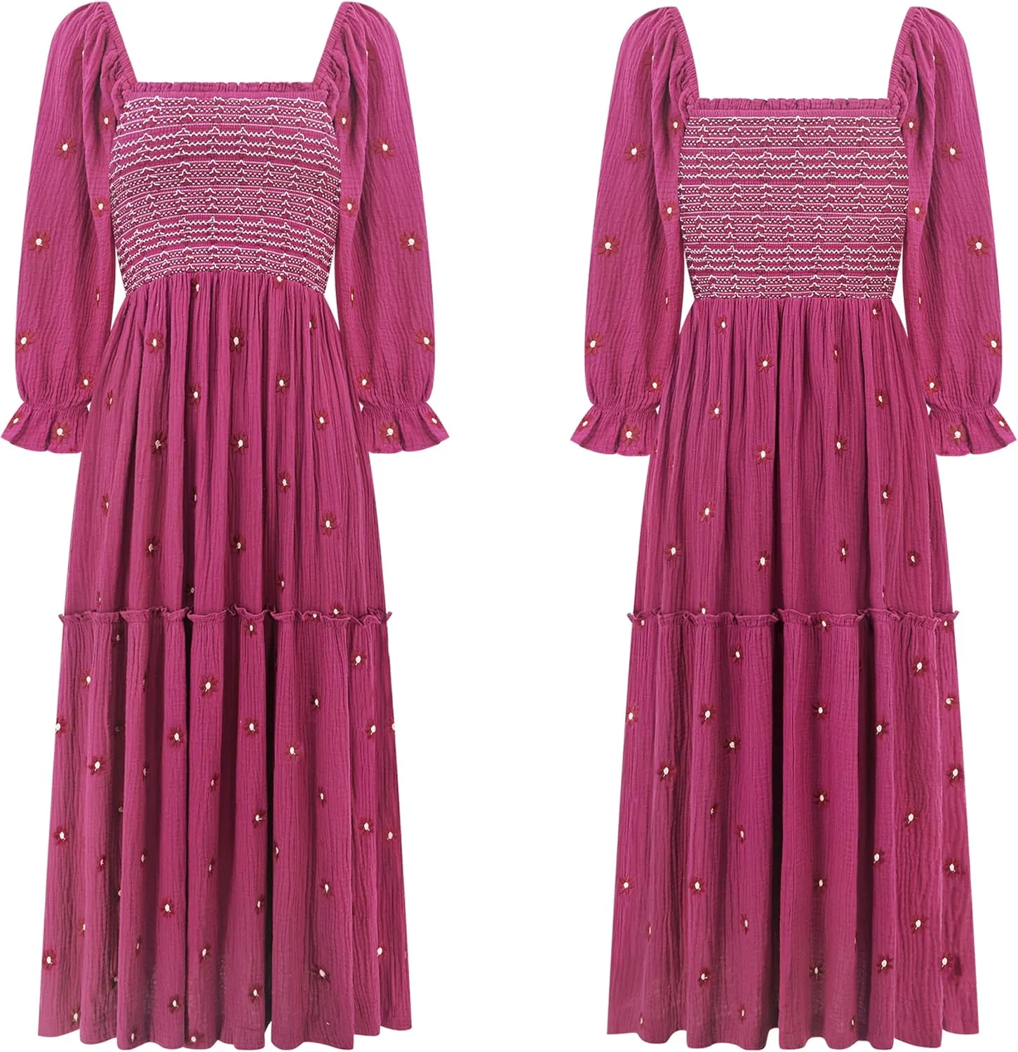 R.Vivimos Women's Long Sleeve Cotton Boho Midi Dress Vintage Square Neck Floral Embroidered Tiered Ruffle Flowy Pockets Dress
