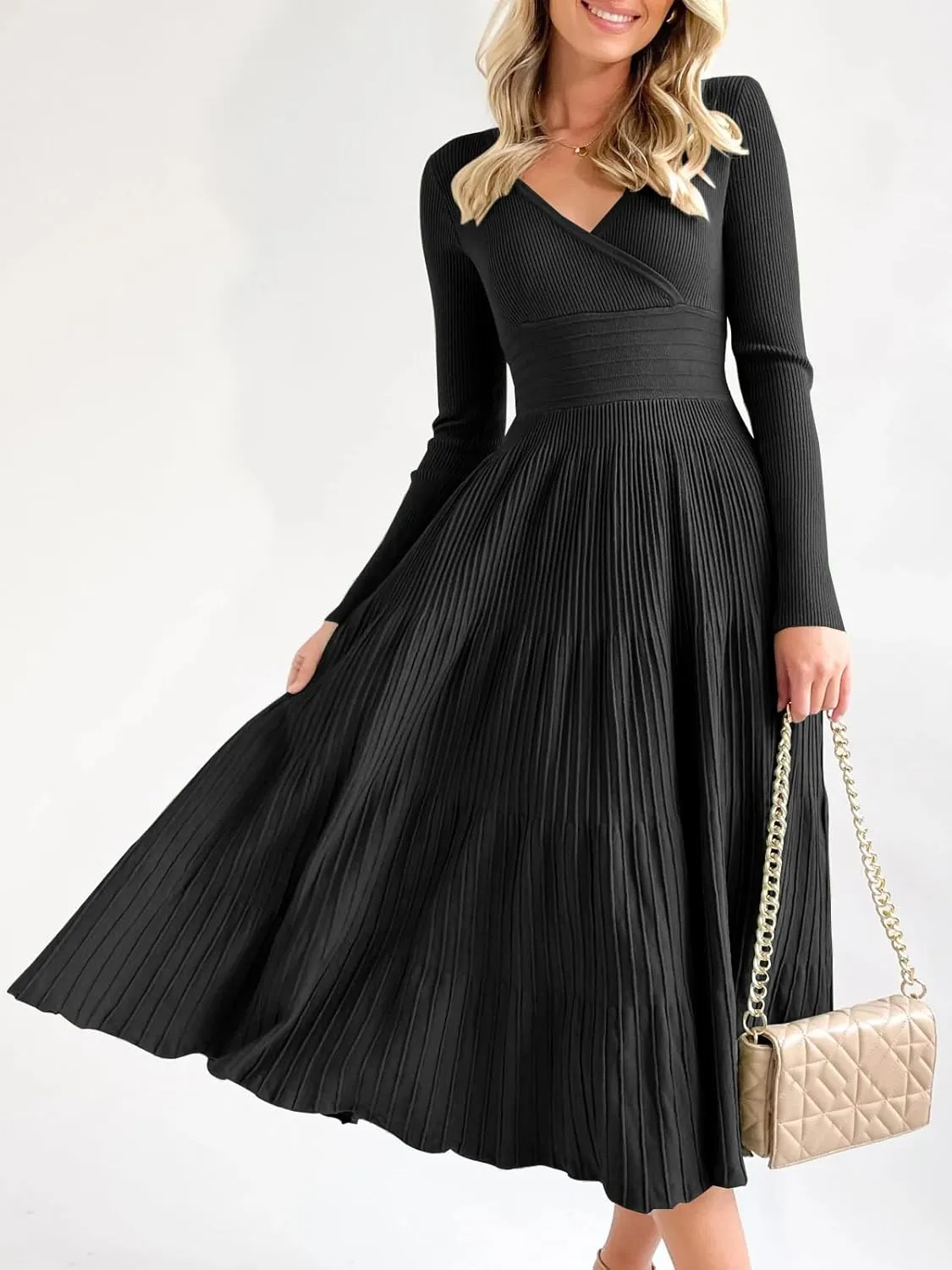 Saodimallsu Womens Long Sleeve Midi Sweater Dress Wrap V Neck Pleated A Line Fit Flare Elegant Knit Maxi Dress