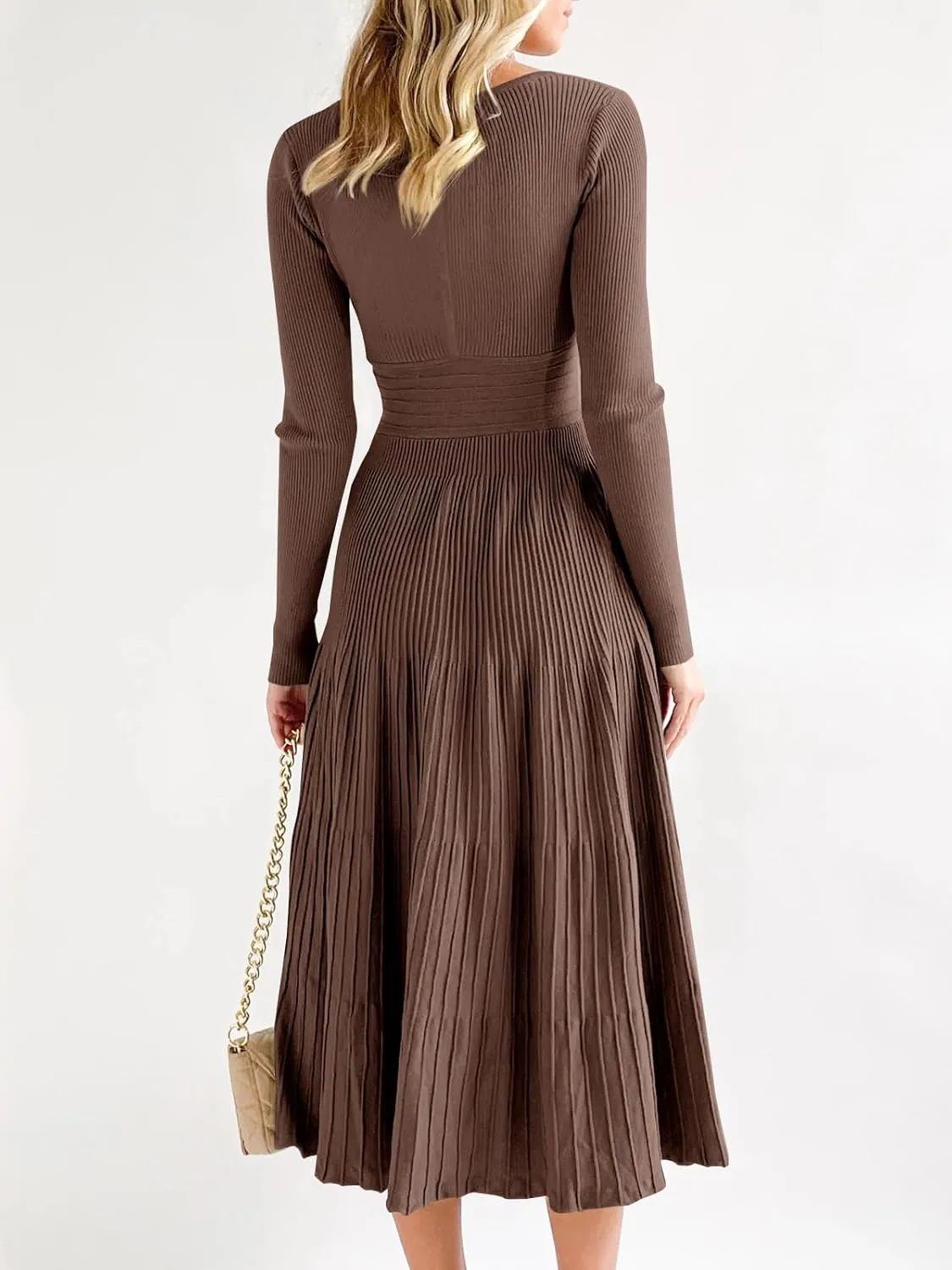Saodimallsu Womens Long Sleeve Midi Sweater Dress Wrap V Neck Pleated A Line Fit Flare Elegant Knit Maxi Dress
