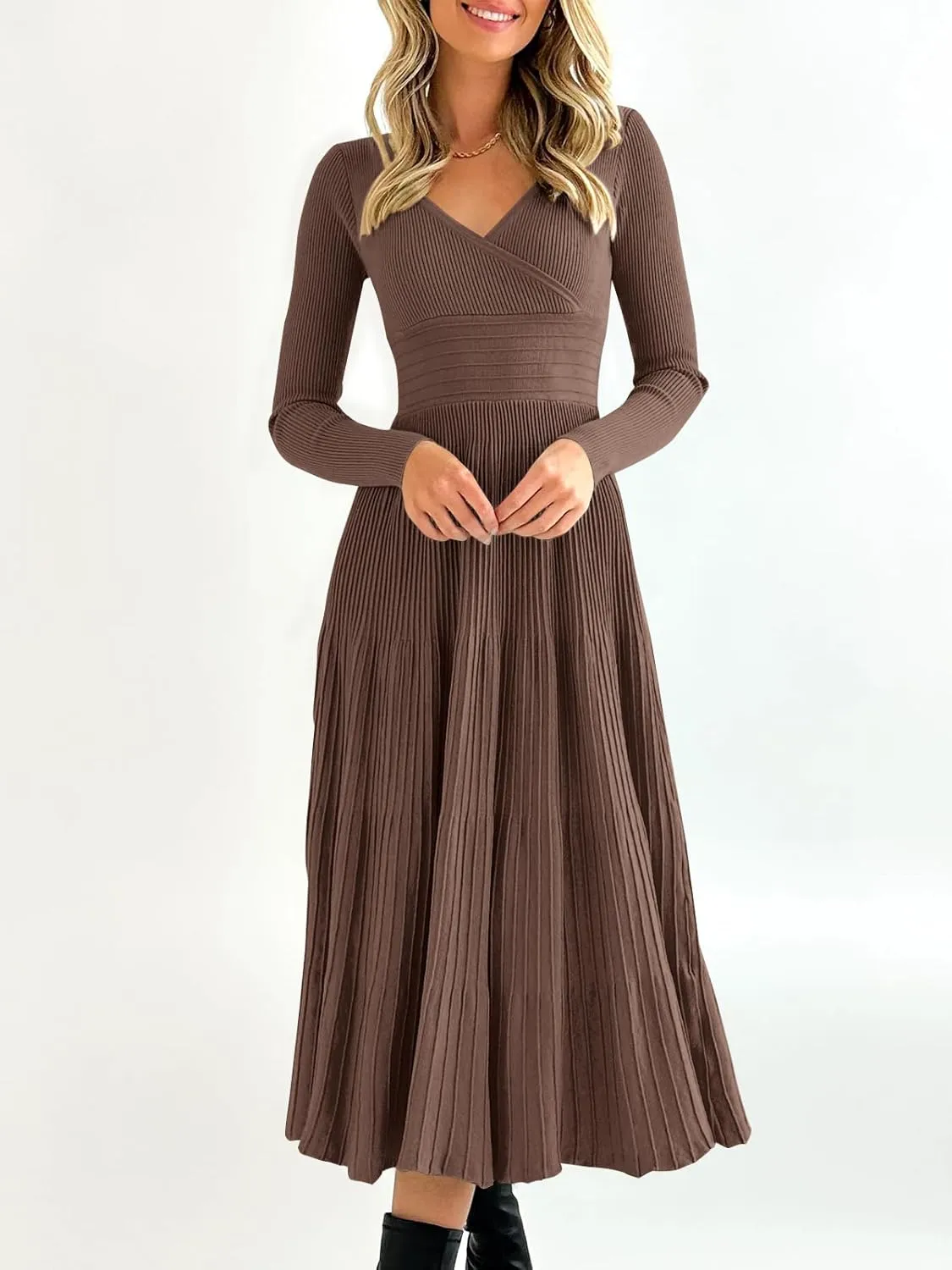 Saodimallsu Womens Long Sleeve Midi Sweater Dress Wrap V Neck Pleated A Line Fit Flare Elegant Knit Maxi Dress