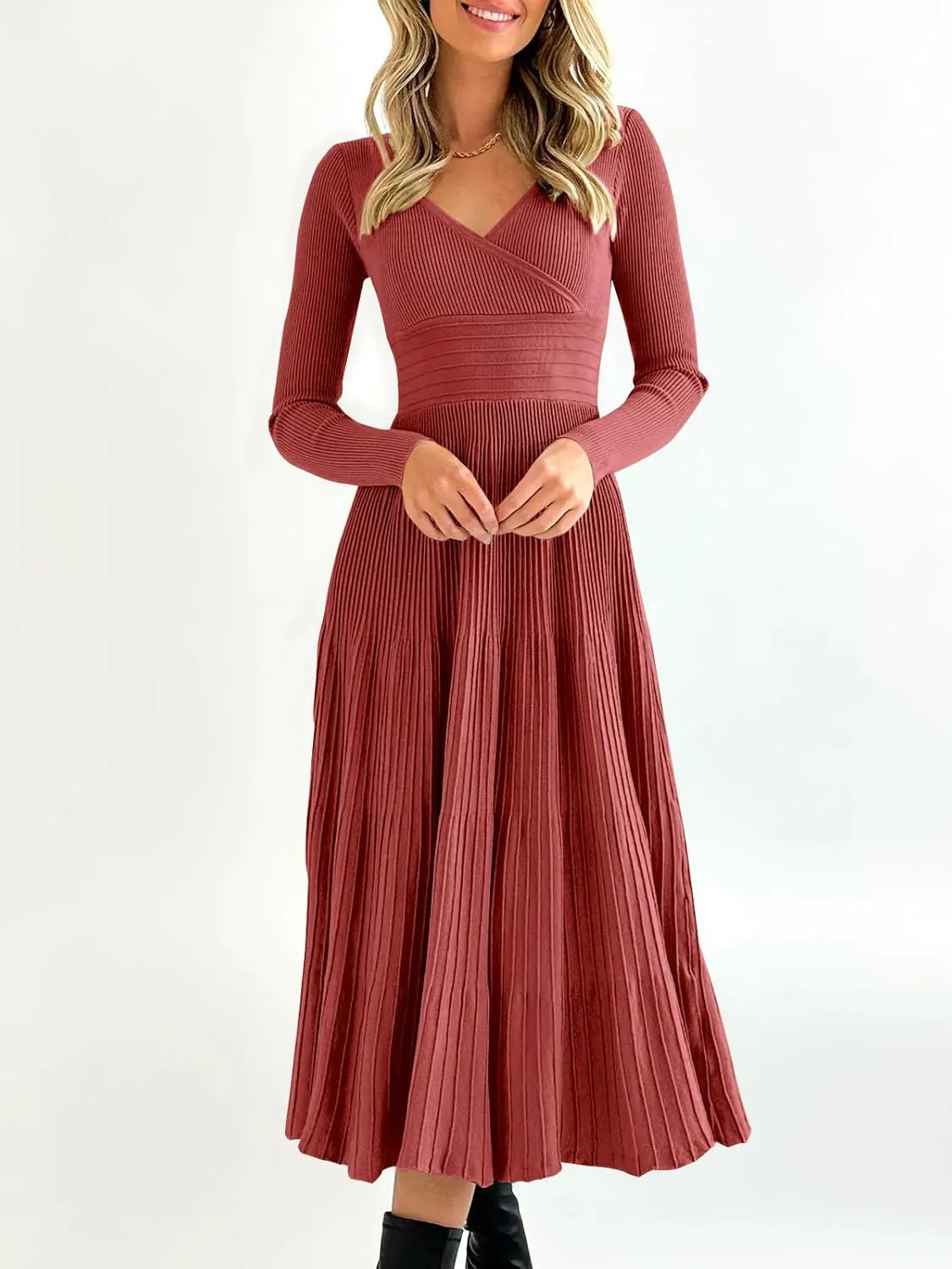 Saodimallsu Womens Long Sleeve Midi Sweater Dress Wrap V Neck Pleated A Line Fit Flare Elegant Knit Maxi Dress