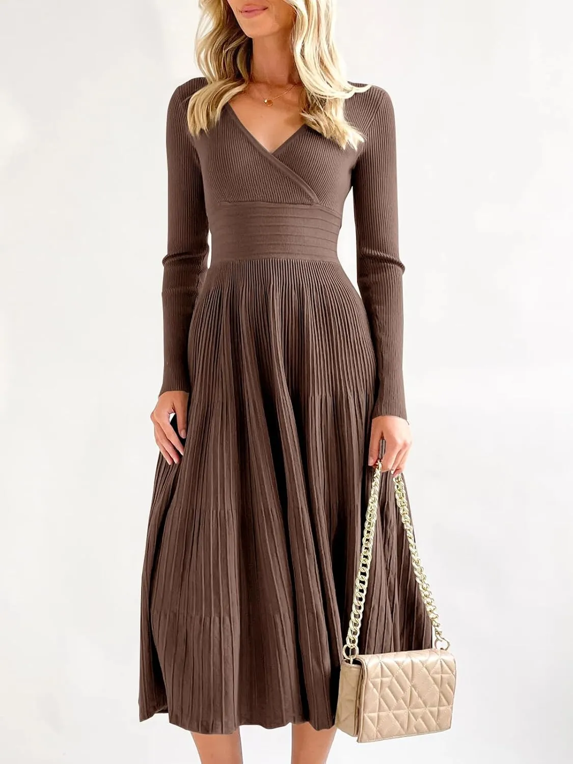 Saodimallsu Womens Long Sleeve Midi Sweater Dress Wrap V Neck Pleated A Line Fit Flare Elegant Knit Maxi Dress