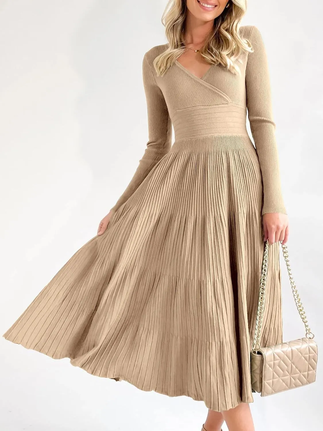 Saodimallsu Womens Long Sleeve Midi Sweater Dress Wrap V Neck Pleated A Line Fit Flare Elegant Knit Maxi Dress