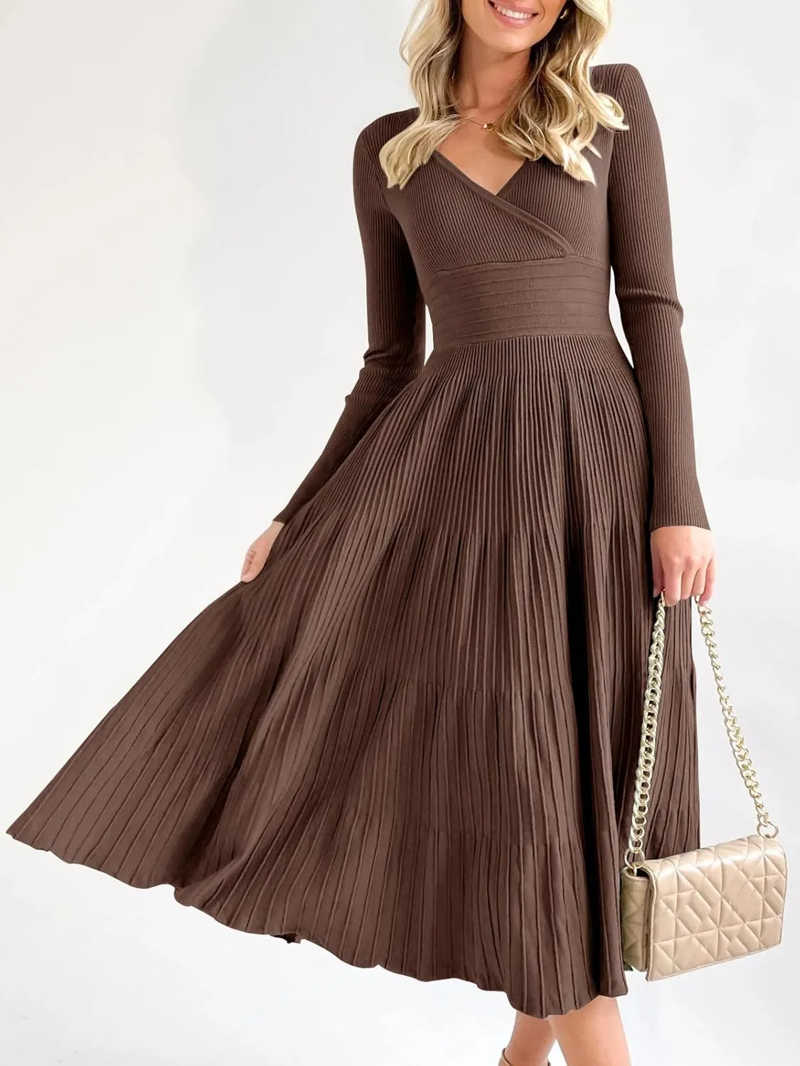 Saodimallsu Womens Long Sleeve Midi Sweater Dress Wrap V Neck Pleated A Line Fit Flare Elegant Knit Maxi Dress