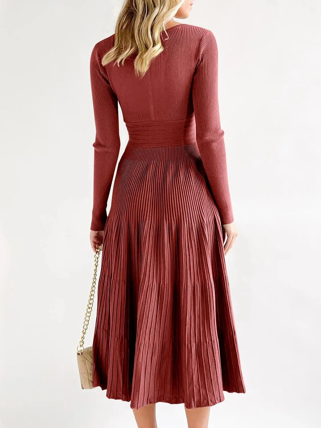 Saodimallsu Womens Long Sleeve Midi Sweater Dress Wrap V Neck Pleated A Line Fit Flare Elegant Knit Maxi Dress