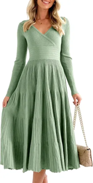 Saodimallsu Womens Long Sleeve Midi Sweater Dress Wrap V Neck Pleated A Line Fit Flare Elegant Knit Maxi Dress