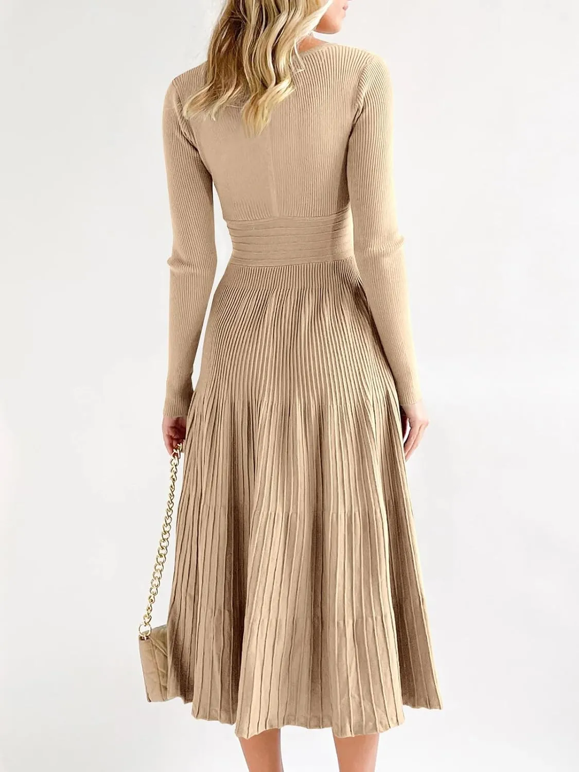 Saodimallsu Womens Long Sleeve Midi Sweater Dress Wrap V Neck Pleated A Line Fit Flare Elegant Knit Maxi Dress