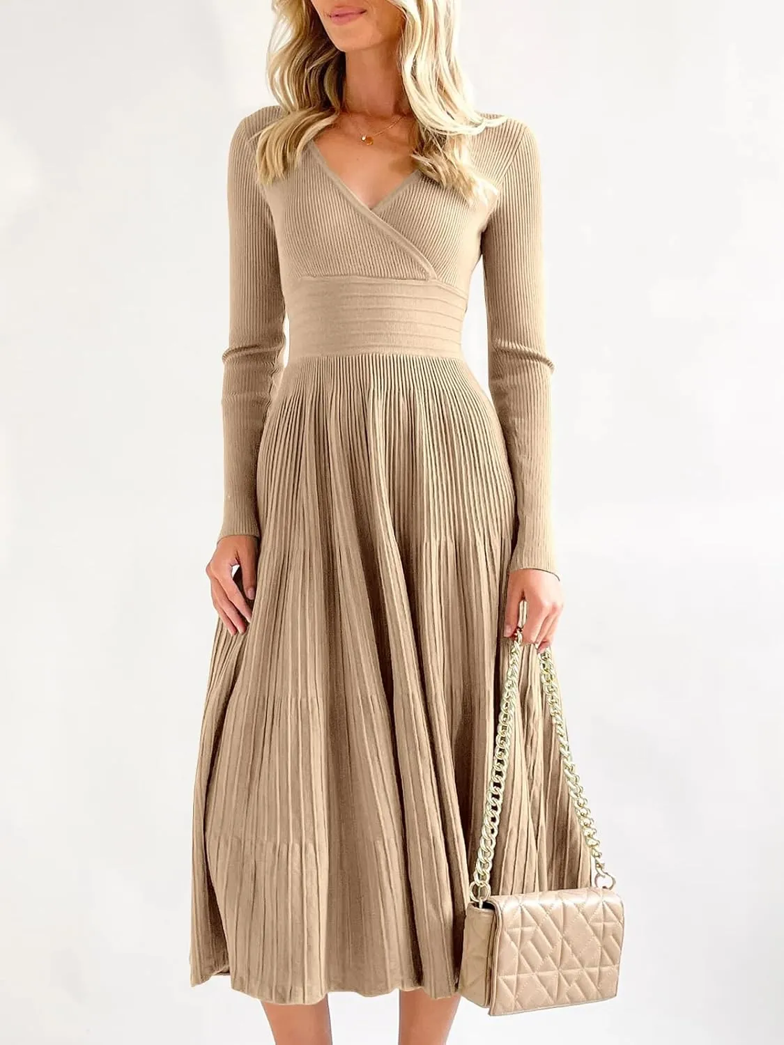 Saodimallsu Womens Long Sleeve Midi Sweater Dress Wrap V Neck Pleated A Line Fit Flare Elegant Knit Maxi Dress