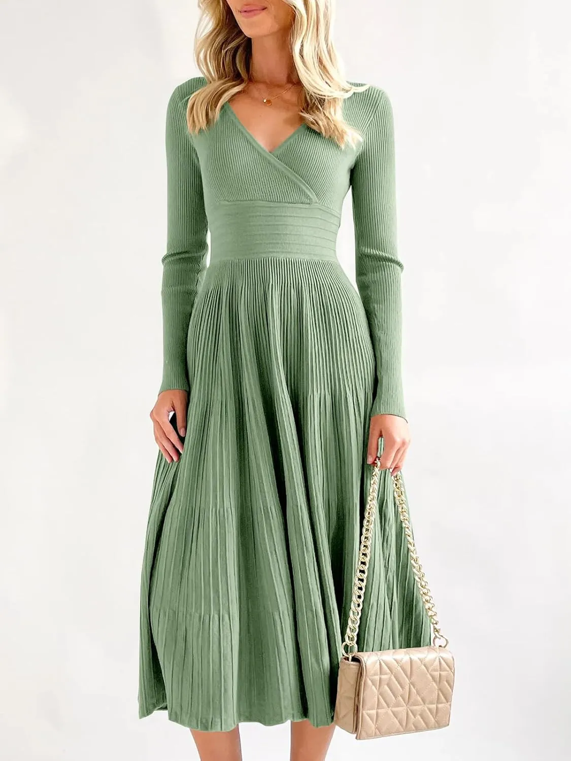 Saodimallsu Womens Long Sleeve Midi Sweater Dress Wrap V Neck Pleated A Line Fit Flare Elegant Knit Maxi Dress