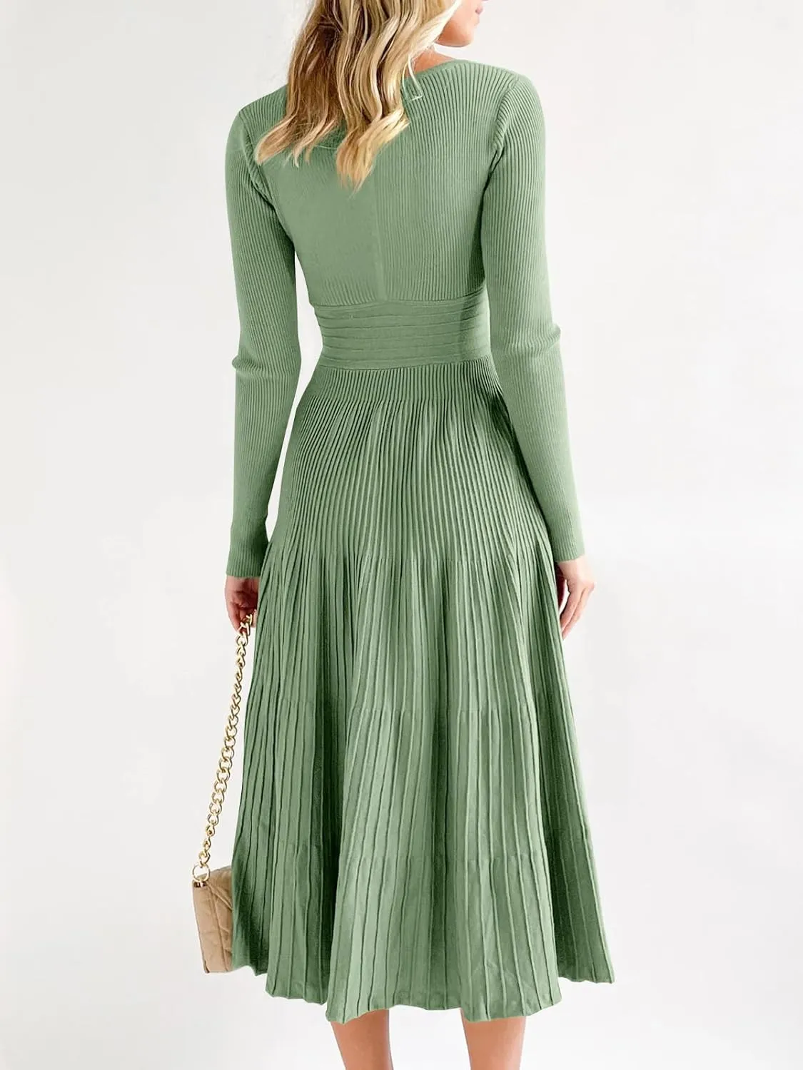 Saodimallsu Womens Long Sleeve Midi Sweater Dress Wrap V Neck Pleated A Line Fit Flare Elegant Knit Maxi Dress