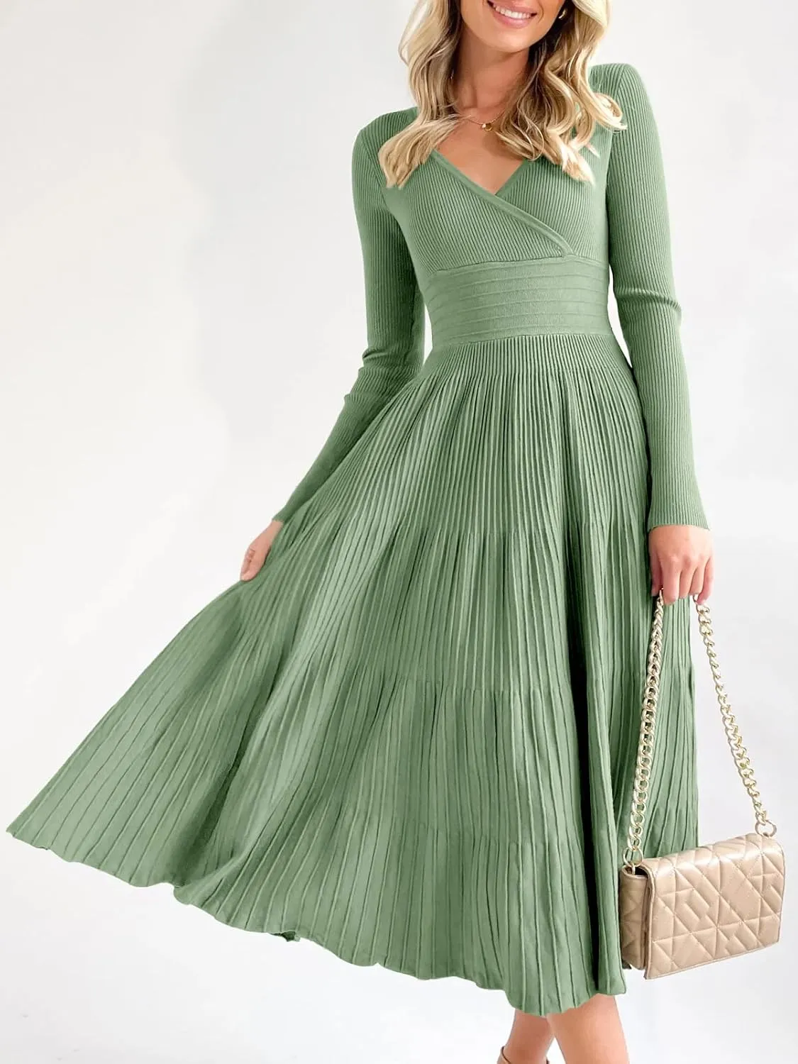 Saodimallsu Womens Long Sleeve Midi Sweater Dress Wrap V Neck Pleated A Line Fit Flare Elegant Knit Maxi Dress